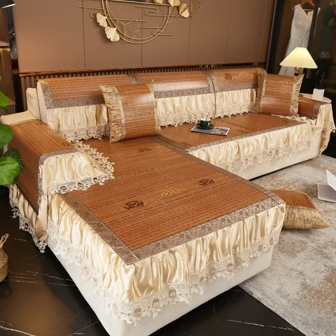 Summer Cooling Bamboo Sofa Cushion Mat With Lace Ruffle Edge Vintage Rose Print Non Slip Breathable Furniture Protector