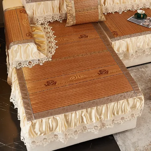 Summer Cooling Bamboo Sofa Cushion Mat With Lace Ruffle Edge Vintage Rose Print Non Slip Breathable Furniture Protector