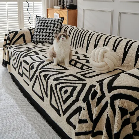 Bohemian Sherpa Fleece Sofa Cover Geometric Throw Blanket With Tassels Soft Warm Furniture Protector For Home Decor