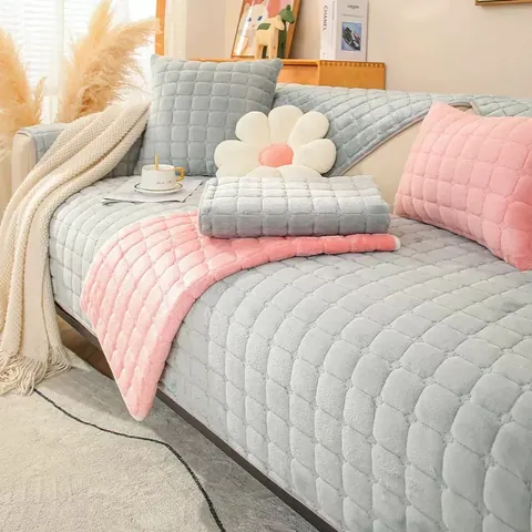 Nordic Thickened Plush Sofa Cushion Non-slip Quilted Grid Sofa Slipcover Warm Soft Fleece Sofa Cover For Living Room Decor