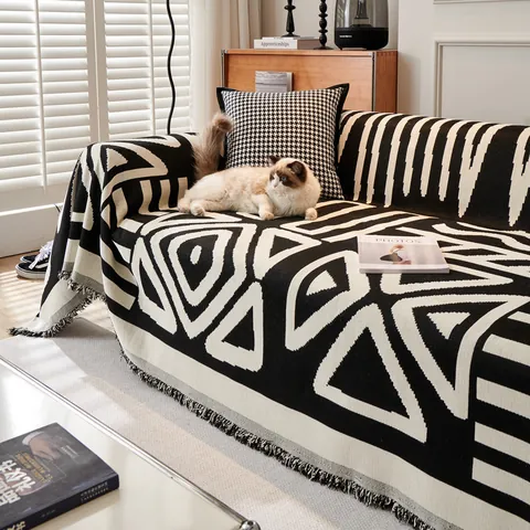 Bohemian Chenille Sofa Throw Blanket Geometric Pattern Sofa Slipcover With Fringe Universal Decorative Furniture Protector
