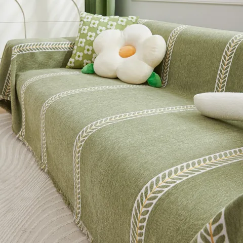 Funda de Sofá de Chenilla para Todas las Estaciones Patrón de Hojas Borde de Borlas Jacquard Antideslizante Protector de Muebles para Sala de Estar Decoración del Hogar