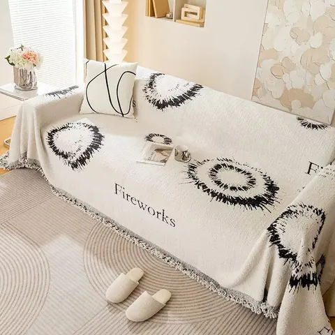 Serviette de Canapé Jacquard Motif Feux Artifice Nordique Simple Avec Glands Couverture Jetée Fil Pelucheux Doux Housse Décorative Pour Salon