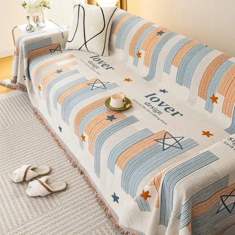 Chenille Sofa Towel Slipcover Modern Star Stripe Pattern Decorative Throw Blanket With Tassels Machine Washable Full Cover Protective Furniture Cover