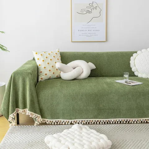 Funda de Sofá Moderna de Chenilla en Espiga Con Borlas de Pompones Minimalista Color Sólido Protector de Muebles Toda Estación