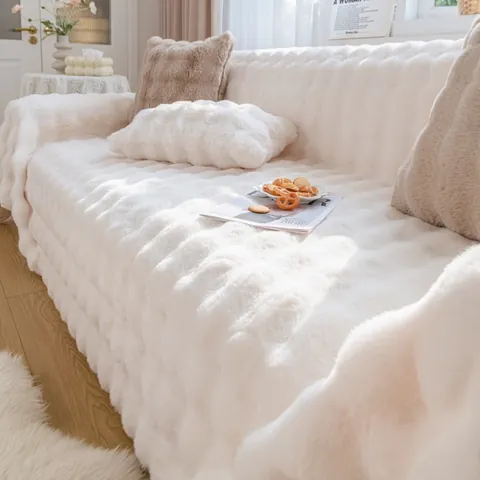 Thickened Plush Sofa Cover Blanket For Living Room Warm Nordic Solid Color Bubble Texture Sofa Towel Anti-Scratch Furniture Protector