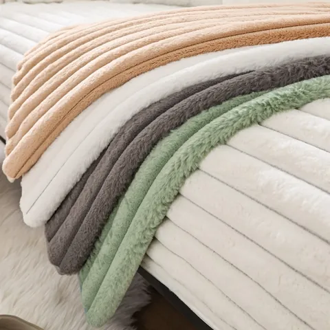 Luxury Faux Rabbit Fur Sofa Cushion Thickened Warm Striped Non-Slip Plush Furniture Protector Cover For Living Room Home