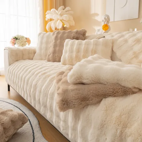 Cojín de Sofá de Peluche Grueso Antideslizante de Piel de Conejo Sintética Funda de Sofá Decorativa Diseño de Ondas 3D Cálida Decoración del Hogar