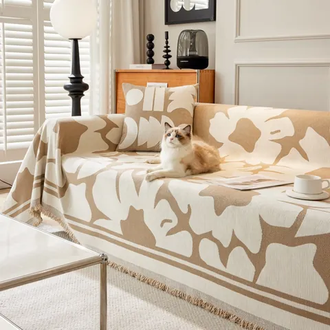 Housse de Canapé en Chenille Jacquard Scandinave Jeté de Protection Motif Grandes Fleurs Avec Glands pour Canapé Meubles Doux Lavable en Machine Anti-Griffures