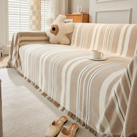 Nordic Chenille Gestreifte Sofadecke Mit Quasten Anti-Rutsch Universal Sofatuch Überwurf Für Wohnzimmer Deko