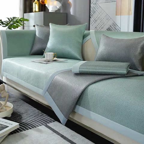 Cooling Ice Rattan Sofa Mat Non-Slip Summer Couch Pad Breathable Woven Fabric Sofa Slipcover Furniture Protector For Living Room