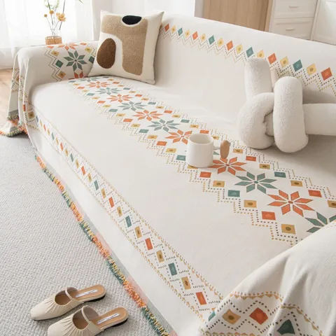 Copridivano in Ciniglia Bohemien Motivo Geometrico Coperta Con Frange Morbido Lavabile Protezione Per Mobili Soggiorno