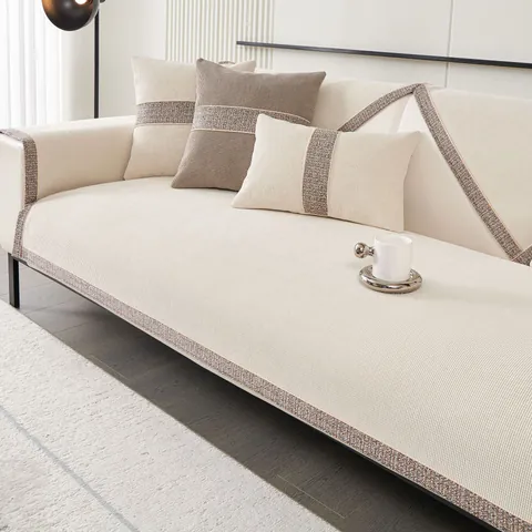 Modern Minimalist Non-slip Chenille Sofa Cushion Waffle Weave Sofa Cover With Woven Border Striped Furniture Protector For Living Room
