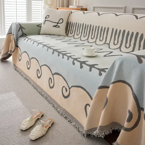 Copridivano Nordico in Ciniglia Motivo Geometrico Minimalista Protezione per Mobili Con Nappe Coperta Reversibile per Divano per Soggiorno