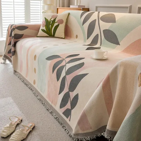 Copridivano Reversibile in Ciniglia Coperta Con Nappine Motivo Botanico Geometrico Protezione per Mobili All-inclusive per Arredo Soggiorno