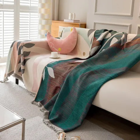 Copridivano Reversibile in Ciniglia Coperta Con Nappine Motivo Botanico Geometrico Protezione per Mobili All-inclusive per Arredo Soggiorno