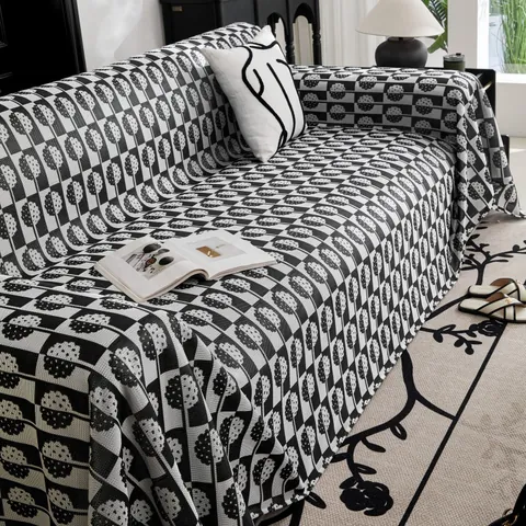 Jeté de Canapé Moderne à Carreaux en Tissu de Refroidissement Avec Glands Motif Hémisphère Protecteur de Meubles Respirant