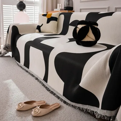 Chenille Sofa Cover Geometric Abstract Woven Throw Blanket With Tassel Modern Minimalist Couch Protector For Living Room