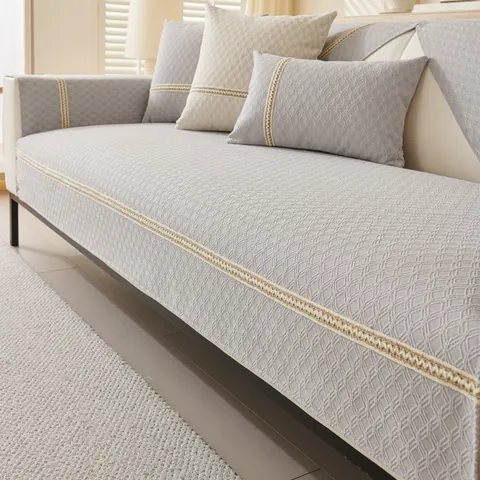 Funda de Sofá de Chenilla Estilo Crema Francés Antideslizante Patrón de Diamante Geométrico Ribete de Encaje Trenzado Protector Muebles