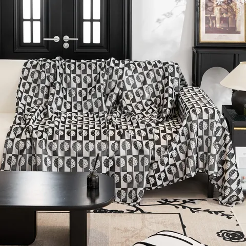 Jeté de Canapé Moderne à Carreaux en Tissu de Refroidissement Avec Glands Motif Hémisphère Protecteur de Meubles Respirant