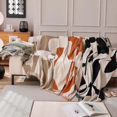 Chenille Sofa Cover Geometric Abstract Woven Throw Blanket With Tassel Modern Minimalist Couch Protector For Living Room