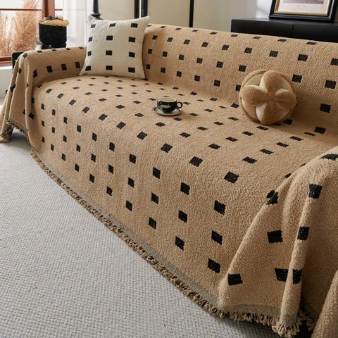 Nordic Minimalist Boucle Yarn Sofa Towel Geometric Grid Sofa Cover With Tassels Thick Plush Furniture Protector Throw Blanket