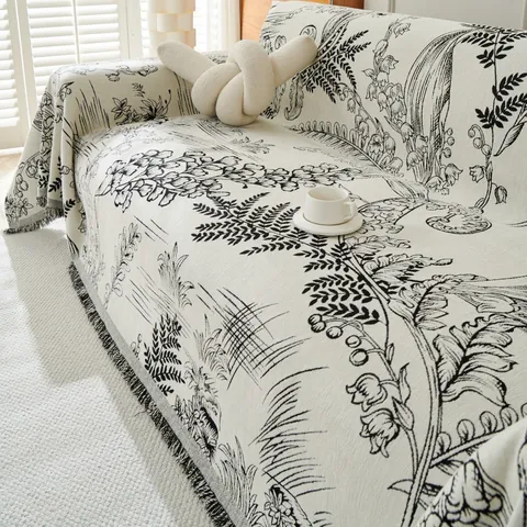 Chenille Lily of the Valley Sofa Cover Floral Jacquard Sofa Throw Blanket With Tassels Dustproof Sofa Protector Home Decor
