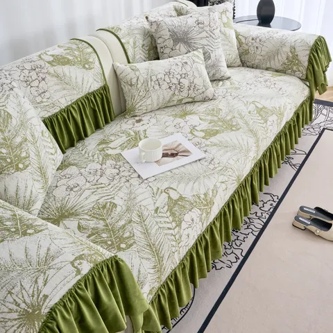 Vintage American Country Chenille Sofa Cushion And Cover Non-Slip Botanical Floral Palm Leaf Pattern Slipcover With Ruffle Skirt Elegant Home Decor