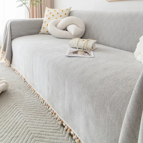 Nordic Herringbone Chenille Sofa Cover With Pom Pom Tassels Protective Thick Sofa Towel Blanket For Home Living Room Decor