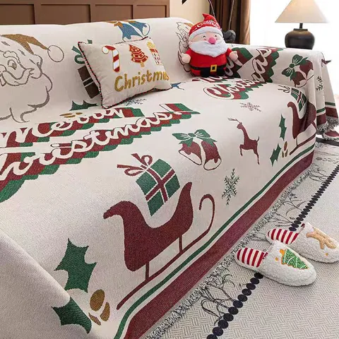 Copridivano in Ciniglia Natalizio Coperta Con Nappine Motivo Renna Babbo Natale Protezione per Mobili Reversibile Decorazioni Casa