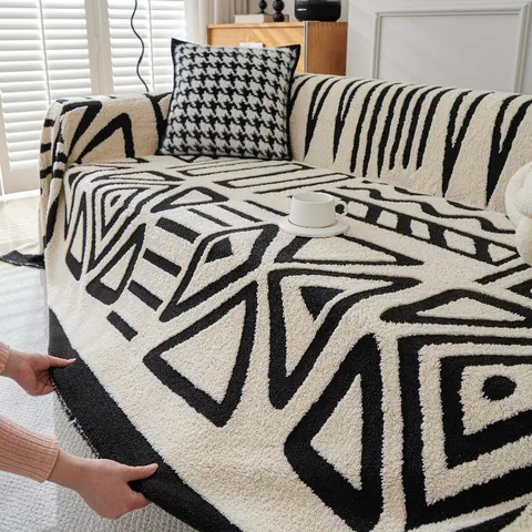 Bohemian Sherpa Fleece Sofa Cover Geometric Throw Blanket With Tassels Soft Warm Furniture Protector For Home Decor