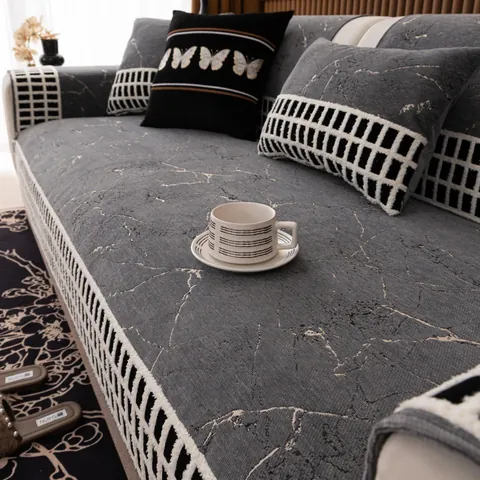 Modern Chenille Sofa Cushion Marble Pattern Anti Slip Furniture Protector Cover Checkerboard Border Butterfly Embroidery Home