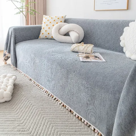 Water Repellent Chenille Herringbone Sofa Cover With Colorful Pom Pom Tassels Nordic Decorative Sofa Towel Furniture Protector