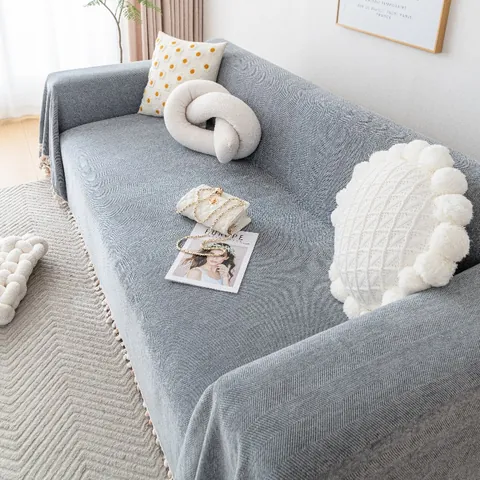Water Repellent Chenille Herringbone Sofa Cover With Colorful Pom Pom Tassels Nordic Decorative Sofa Towel Furniture Protector