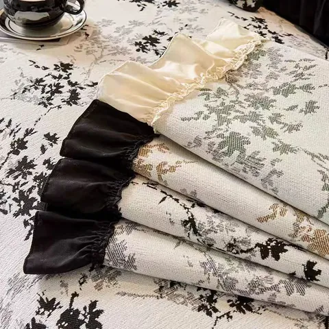 Cojín de Sofá de Chenilla Vintage Francés Antideslizante Funda de Sofá con Estampado Floral y Borde de Volantes para Hogar