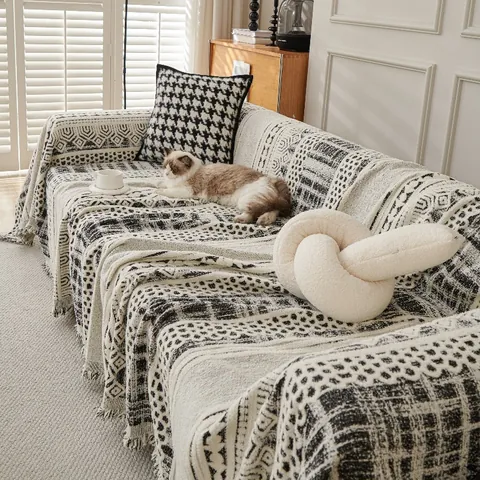 Bohemian Geometric Arctic Velvet Sofa Cover Knitted Throw Blanket With Tassels Vintage Ethnic Pattern Furniture Protector