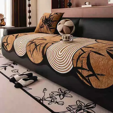 Cojín de Sofá de Chenilla Vintage Moderno Funda de Sofá Irregular Antideslizante Patrón Geométrico Hojas de Bambú Estera de Asiento Antipolvo Protector de Muebles