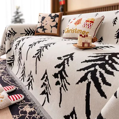 Copridivano in Ciniglia Natalizia Nordica Coperta con Motivo a Pino e Nappine Moderno Minimalista Protezione per Divano per Soggiorno