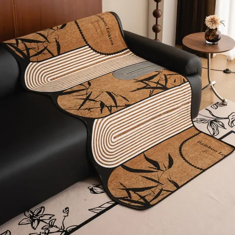 Cojín de Sofá de Chenilla Vintage Moderno Funda de Sofá Irregular Antideslizante Patrón Geométrico Hojas de Bambú Estera de Asiento Antipolvo Protector de Muebles