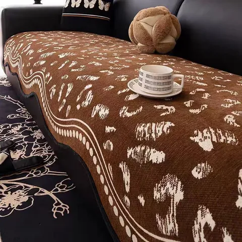 Luxury Leopard Print Chenille Sofa Cushion Thick Non-Slip Furniture Protector Irregular Wavy Edge Jacquard Sofa Cover