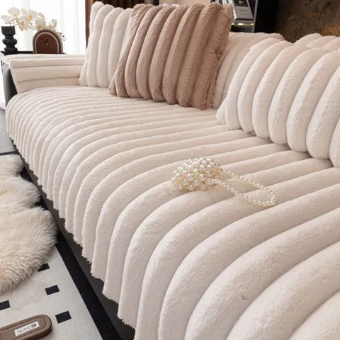 Thickened Faux Rabbit Fur Sofa Cushion Anti-Slip Plush Sofa Cover Cream Style Ribbed Furniture Protector For Living Room Winter Warmth