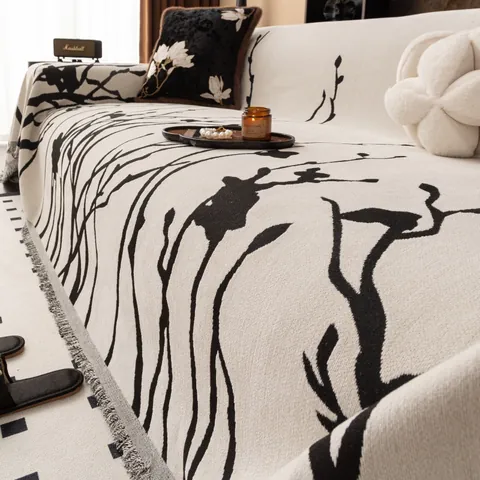 Chenille Sofa Cover Throw Blanket Dry Branch Pattern Anti-Slip Dustproof Anti-Scratch Sofa Towel With Tassel Fringe Home Decor