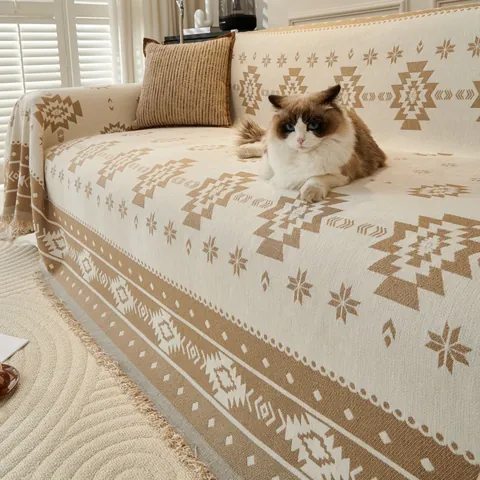 Copridivano in Ciniglia Bohemian Con Nappe Coperta Jacquard Geometrica Per Protezione Divano Arredo Soggiorno Casa