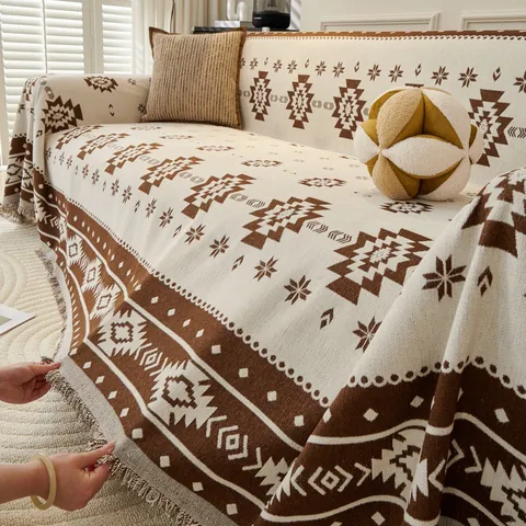 Funda de Sofá Toalla de Chenilla Bohemio Vintage Con Borlas Patrón Tribal Geométrico Manta Reversible Protectora de Muebles para Sofá Silla Decoración del Hogar