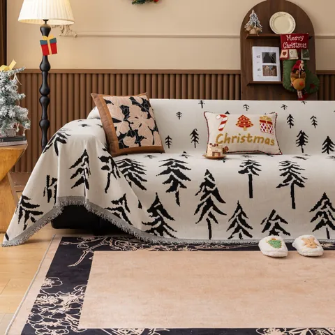 Copridivano in Ciniglia Natalizia Nordica Coperta con Motivo a Pino e Nappine Moderno Minimalista Protezione per Divano per Soggiorno