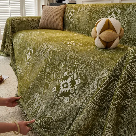 Böhmische Chenille Sofaüberwurf Geometrische Jacquard Wohndecke Mit Quastenfransen Vintage Nordisch Sofahandtuch Möbelschutz