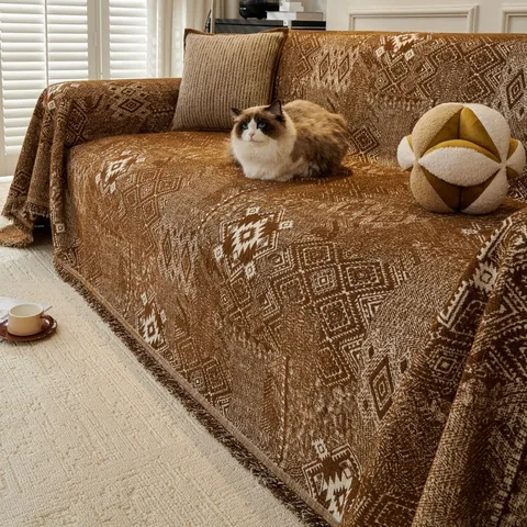 Bohemian Chenille Jacquard Sofa Bezug Geometrisches Muster Überwurfdecke Mit Fransen Maillard Stil Retro Sofa Handtuch Home Dekor