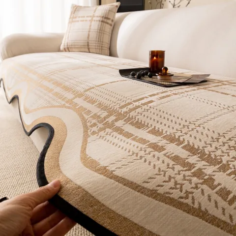 Irregular Chenille Plaid Sofa Cushion Modern Cream Style Non-Slip Sofa Cover With Wave Edge For Living Room Home Decor
