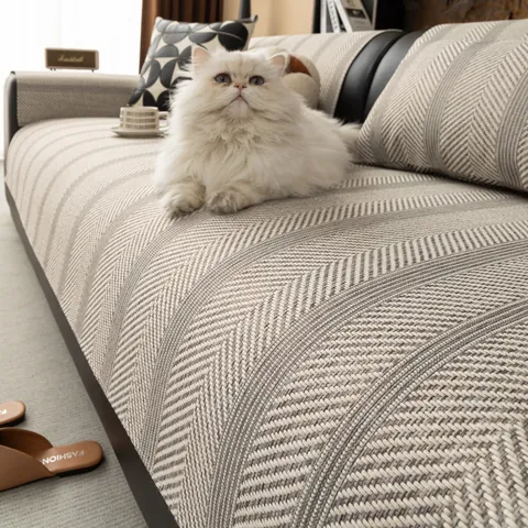 Japanese Style Imitation Linen Sofa Cushion Nordic Minimalist Herringbone Striped Anti-Slip Sofa Slipcover Furniture Protector
