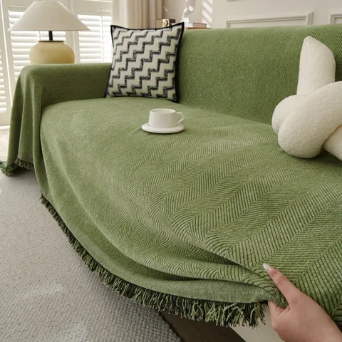 Chenille Herringbone Sofa Cover Universal Sofa Towel With Tassel Fringe Solid Color Couch Throw Blanket Protective Slipcover